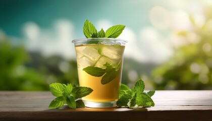 iced green tea with mint leaves in cup refreshing beverage soft background