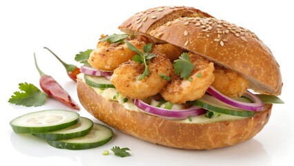
Crispy Shrimp Sandwich on Sesame Bun with Cucumbers, Red Onions, and Chili Peppers

