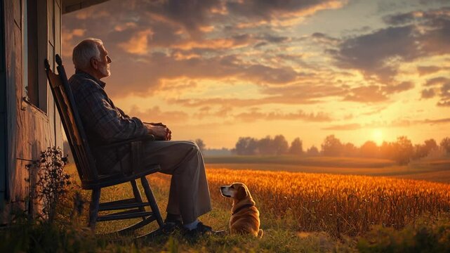Peaceful moment: Elderly man on rocking chair with dog watching sunset over field