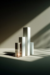 Minimalist metal blocks in dramatic sunlight, abstract geometric composition with reflections and shadow play
