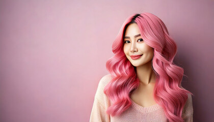 Soft pink hair and warm smile against pastel background