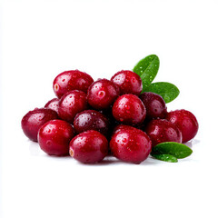 Obraz premium Pile of fresh cranberries with leaves on white background
