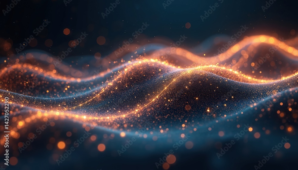 Aufkleber Abstract digital art with glowing particles. Modern tech design with bright lines of light, wave shape background. Futuristic illustration of digital network cyberspace. Ideal for web tech design