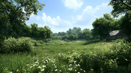 Pixelated Meadow Scene With Old Cottage