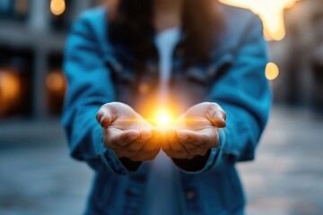Fototapeta premium Hands holding bright light opportunity potential