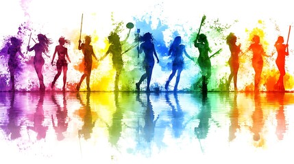 Colorful female athletes reflected in water