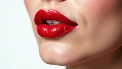 Obraz premium Close-up vibrant red lipstick, pristine white backdrop, minimalist, photography, allure