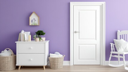 Minimalist kids&rsquo; room with lavender walls, white wooden furniture, and cozy pastel decor. Trendy and calming Scandinavian-inspired nursery design.