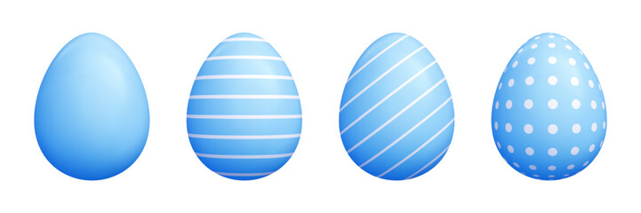 3d blue pastel Easter egg vector set - solid colorful oval cartoon shapes, striped, diagonal lines, decorative polka dots patterns. Cute seasonal vector graphic for spring holidays projects