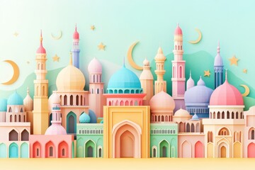 Fototapeta premium Colorful pastel buildings with domes and minarets against light backdrop