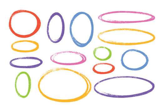 Oval highlight pastel color crayon shapes set - hand drawn sketchy rough ellipse circles design elements. Pencil or marker grunge emphasizing text information and drawing attention decorative accents