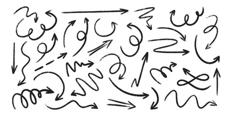 Chalk pencil arrow sketches set - hand drawn doodles, pointers, swirls and curved lines. Artistic scribbles and chaotic strokes grunge design elements collection. Black outline drawings isolated.