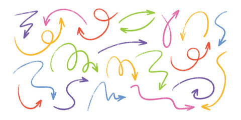 Pastel chalk arrow doodles set - hand drawn swirls, pointers, curved lines. Artistic colored pencil sketches, chaotic crayon strokes design elements pack. Marker grunge scribbles and drawings.