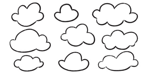 Kid crayon clouds set - various cute simple shapes outlines drawn by hand. Isolated black line cartoon doodle sketch elements on white background. Children drawing style clipart for childish design.