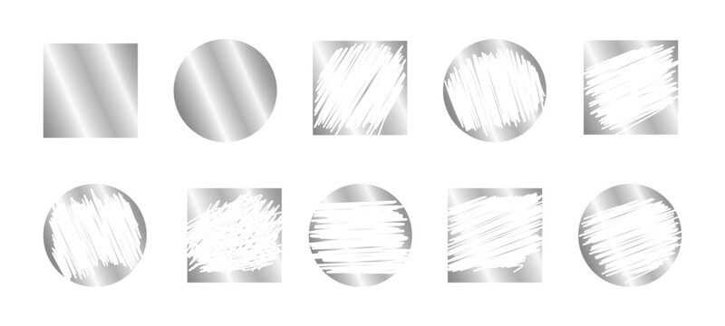 Lottery scratch silver card graphic elements - sketchy uneven circle and square frames patterns assortment. Frayed raw edges vintage worn scraping. Distressed old fuzzy smeared rough symbols.