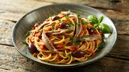 Extreme close-up of spaghetti alla puttanesca twirled in a spicy tomato sauce with olives, anchovies, garlic, and chili flakes.
