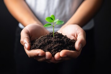 Hands holding fertile soil with a young plant