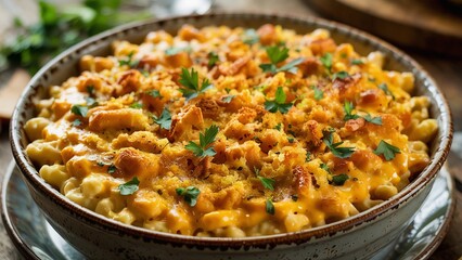 Extreme close-up of mac and cheese with a creamy cheese sauce, topped with a golden crust.