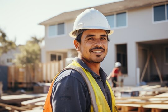 Portrait of a Hispanic construction worker on building house in USA