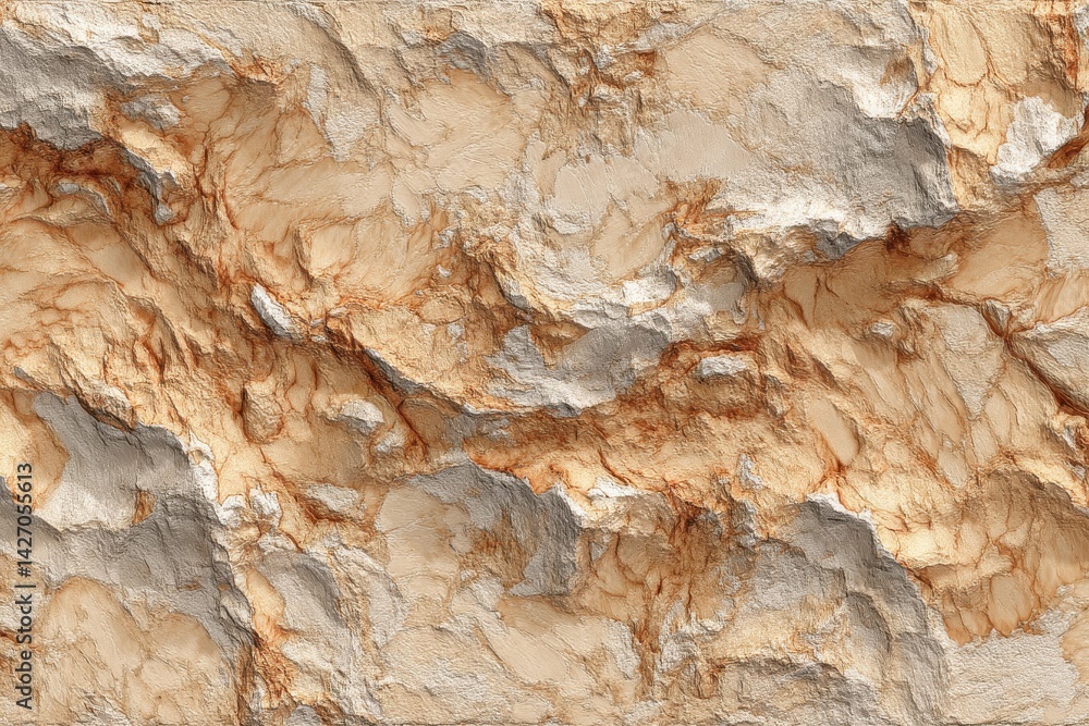 Poster a detailed close-up of a rough stone texture, showcasing layers of beige, orange, and gray rock form