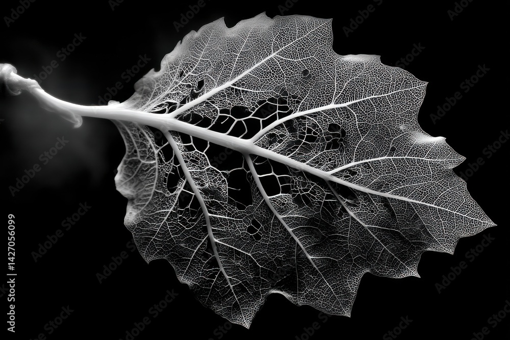 Poster an intricate, detailed monochrome image showcasing the skeletal structure of a leaf, highlighting it