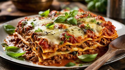 Extreme close-up of Lasagna with a meaty Bolognese sauce, melted mozzarella, and fresh herbs.