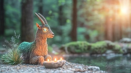 Forest fawn resting by a stream