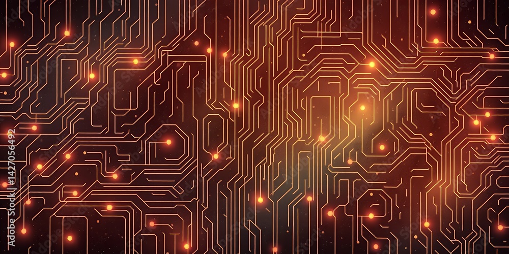 Poster an abstract illustration of a complex circuit board with glowing orange lines and dots scattered