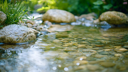 Close Up Of Clear Stream With Stones In Garden