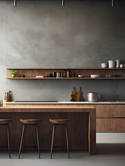Modern interior design with grey concrete walls and a kitchen with wooden details