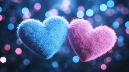 Obraz premium Two fluffy hearts, one light blue, one light pink, hovering against a dark background with glowing bokeh