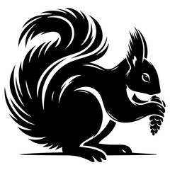 A black and white silhouette of a squirrel gnawing a lump on a white isolated background. Vector graphics. EPS.