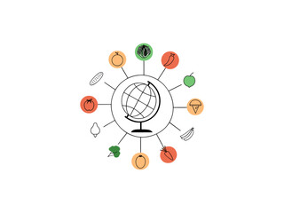 Global Food Diversity Depicted on a World Map, World food day,  A black and white graphic of the Earth surrounded by various fruits, vegetables, and grains, representing global food diversity.