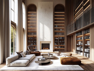 
elegant living room interior in refined Old Money style, 3.8 meter high ceiling, grand floor-to-ceiling panoramic window flooding the room with natural light, luxurious material