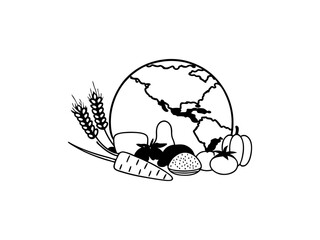 Global Harvest, A Black and White Illustration of World Food. This black and white graphic depicts a stylized world globe surrounded by various fruits and vegetables, representing global agriculture.