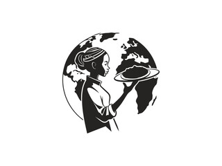 World Food Day illustration featuring a farmer delivering food., This black and white silhouette image depicts a farmer carrying a food container, symbolizing the delivery of sustenance.  Hands Offeri