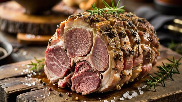 Extreme close-up of arista di maiale, the Tuscan pork roast with a crispy herb crust and tender, juicy center.