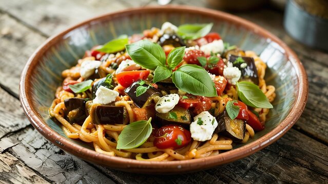 Extreme close-up of pasta alla Siciliana featuring eggplant, tomato, basil, and ricotta salata coating each noodle.