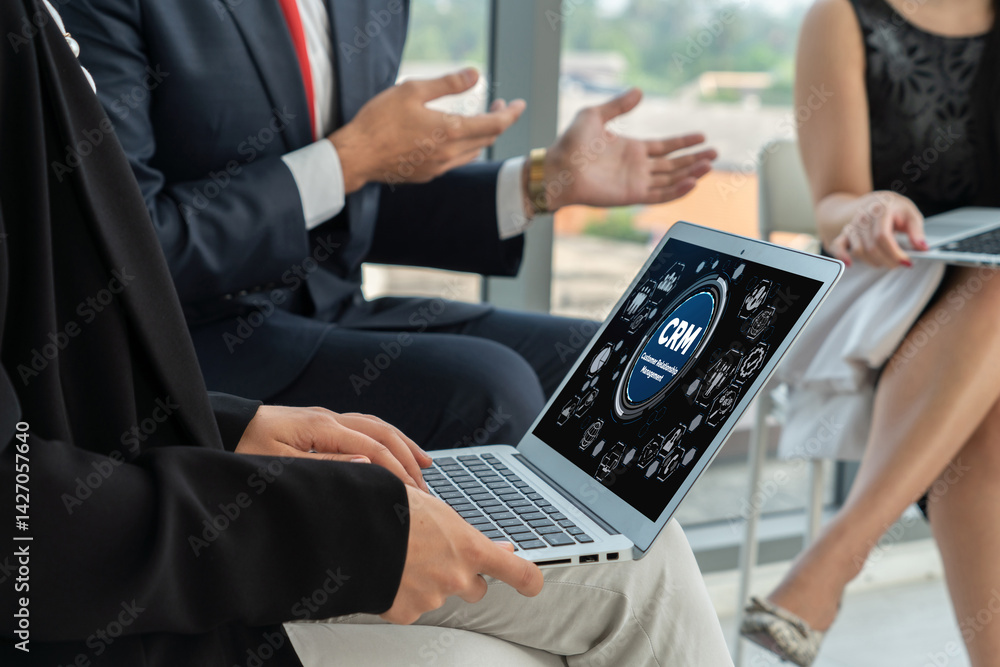 Poster customer relationship management system on modish computer for crm business and enterprise