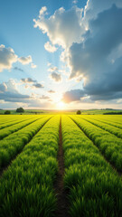 Naklejka premium A beautiful sunrise over a lush green field with neatly arranged rows of crops.