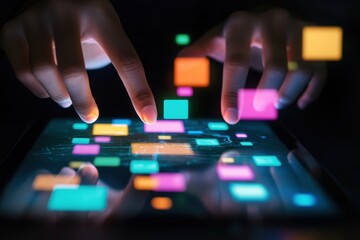 Hands interacting with a glowing tablet display.  Colorful squares and icons float over the screen