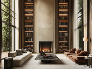 
elegant living room interior in refined Old Money style, 3.8 meter high ceiling, grand floor-to-ceiling panoramic window flooding the room with natural light, luxurious material