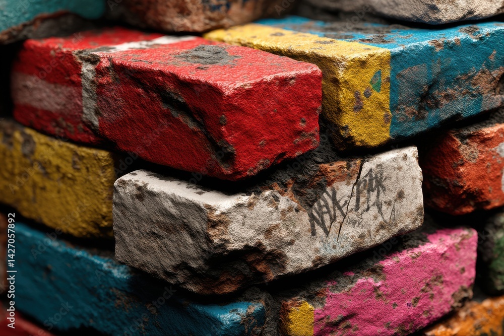Poster a vibrant and textured brick wall featuring a colorful array of painted stones, showcasing an urban 