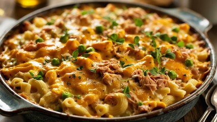 Extreme close-up of tuna casserole with bubbling cheese crust, tender pasta, peas, and creamy sauce baked to perfection.