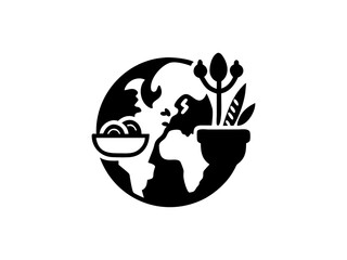Global Sustainable Food Icon. Food logo,  A symbolic illustration of global food security. A stylized, black and white graphic of a world map nestled within a plate with a fork and knife.