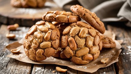 Obraz premium Extreme close-up of peanut cookies, crunchy with a golden finish, capturing their rich, nutty flavor.