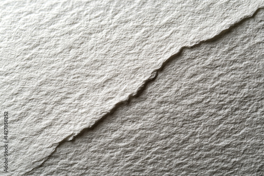 Poster close-up view of textured white paper with a rough edge, highlighting the paper's delicate fibers an