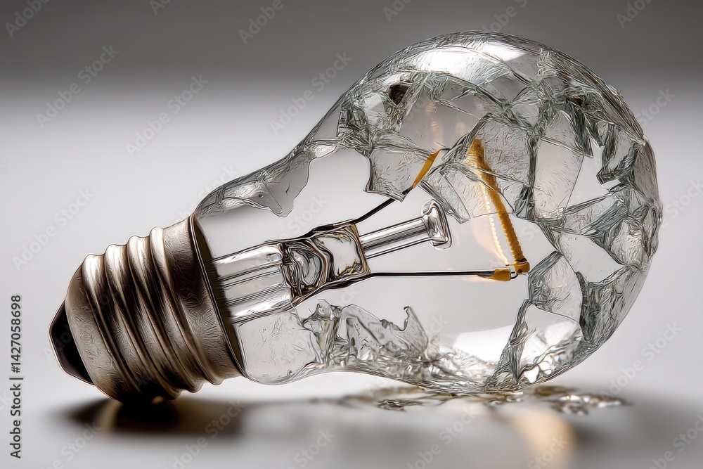 Poster close-up view of a shattered light bulb revealing the filament inside, set against a simple studio b