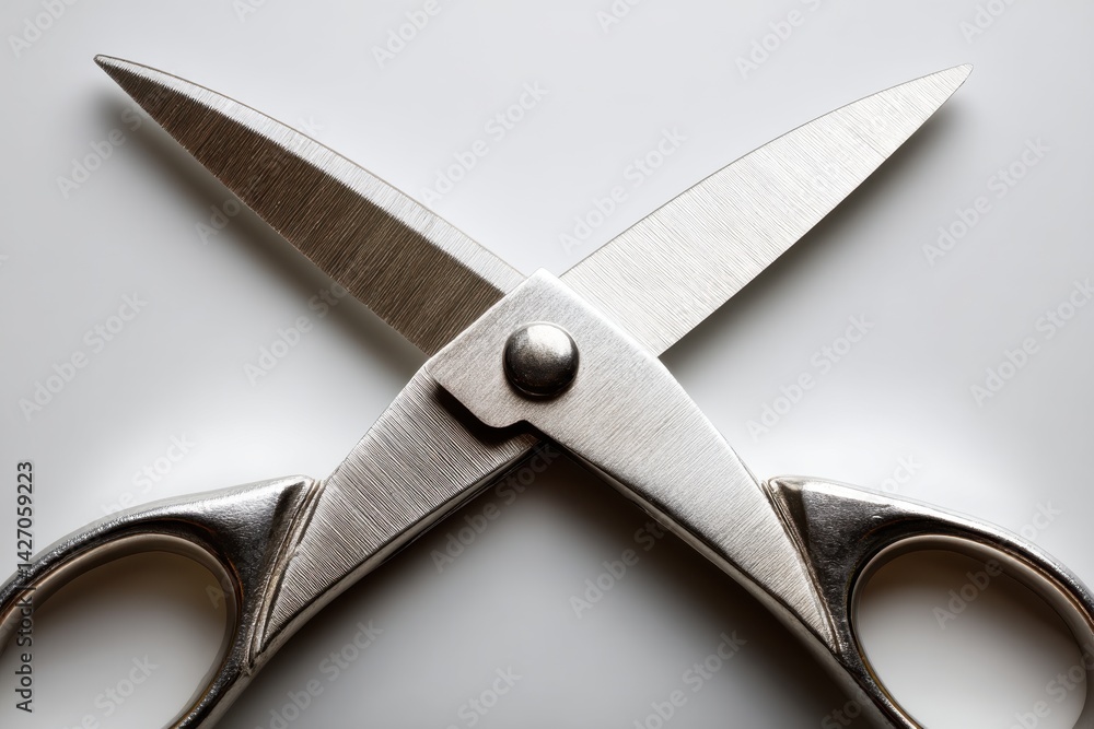 Poster a close-up studio shot capturing the intersecting blades of a shiny metal scissors, with a bright, c