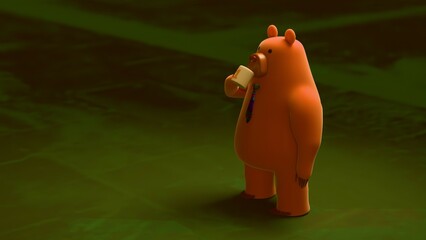 Cute cartoon bear wearing a tie and drinking coffee against green background, humorous representation of a dad during morning routine, Father's Day concept, 3D render, minimal character design © Omar
